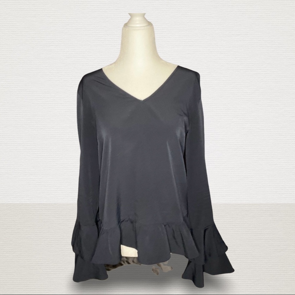 Black Bell Sleeve V-Neck Blouse